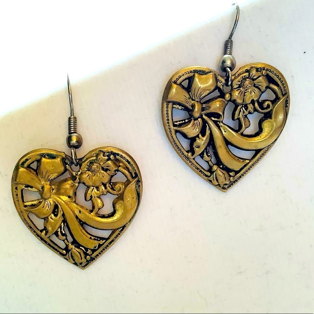 Vintage Heart with Ribbon Brass Earrings